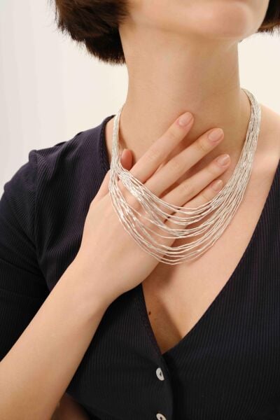 Gümüş özel tasarımlı modern görünümlü 20 sıralı kat kat likit kolye SGTL12808GUMUS