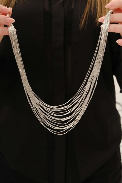 Gümüş özel tasarımlı modern görünümlü 20 sıralı kat kat likit kolye SGTL12808GUMUS