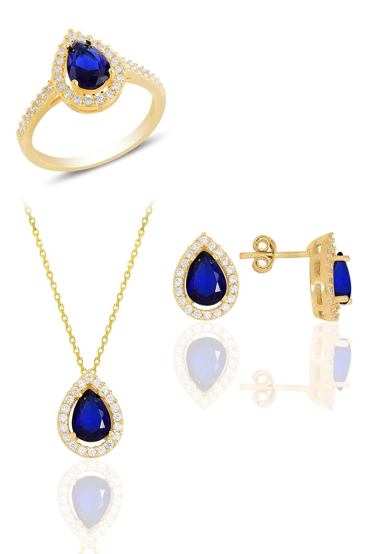 Gümüş altın yaldızlı safir taşlı damla modeli üçlü set SGTL11517LACIVERT