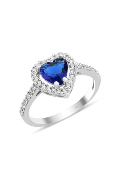 Gümüş rodyumlu safir taşlı pırlanta montürlü kalp modeli üçlü set SGTL12080LACIVERT