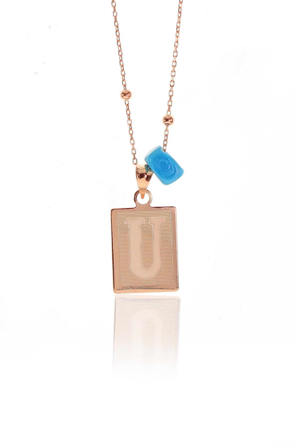 Gümüş U harfi ve turkuz taşlı top top zincirli kolye SGTL9679U