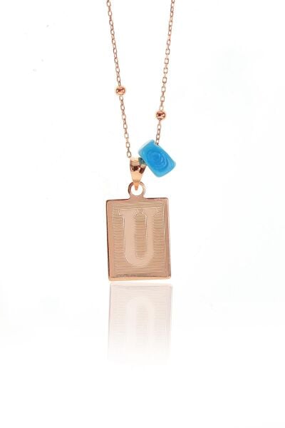 Gümüş U harfi ve turkuz taşlı top top zincirli kolye SGTL9679U