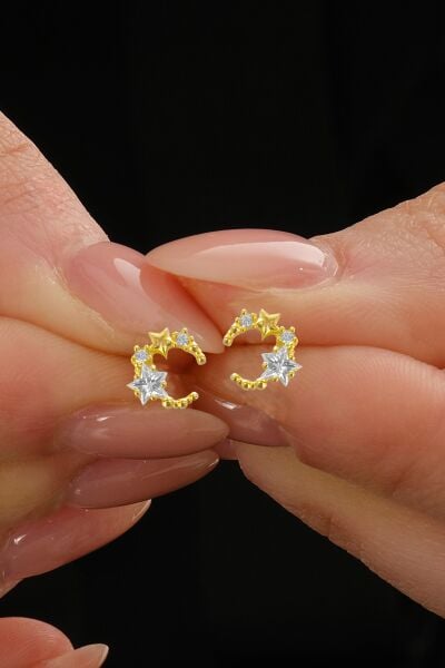 Gümüş altın yaldızlı yıldız kesim zirkon taşlı ay yıldız küpe SGTL12843GOLD