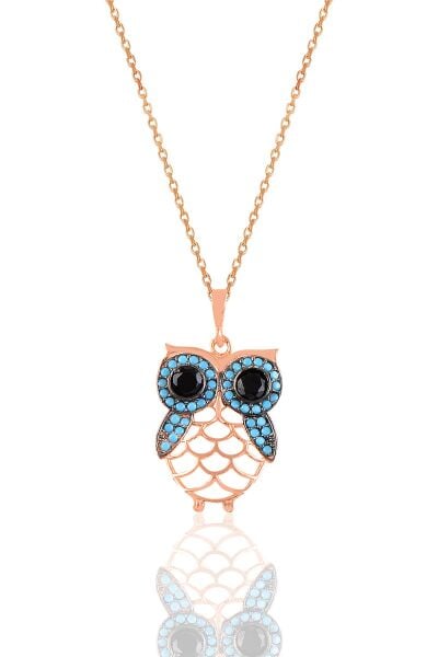 Gümüş rose turkuaz taşlı baykuş kolye SGTL10917MAVI