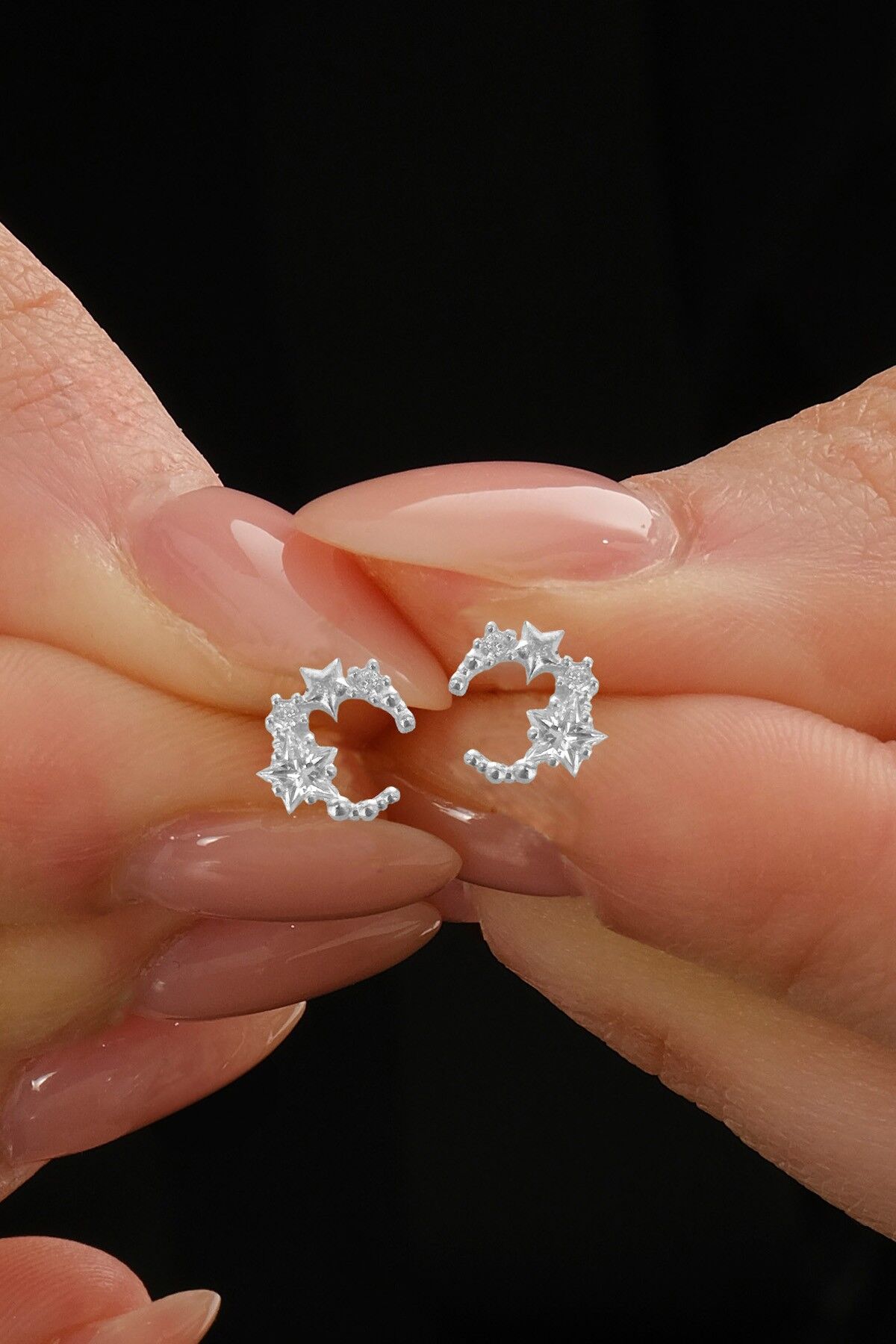 Gümüş rodyumlu yıldız kesim zirkon taşlı ay yıldız küpe SGTL12843RODAJ