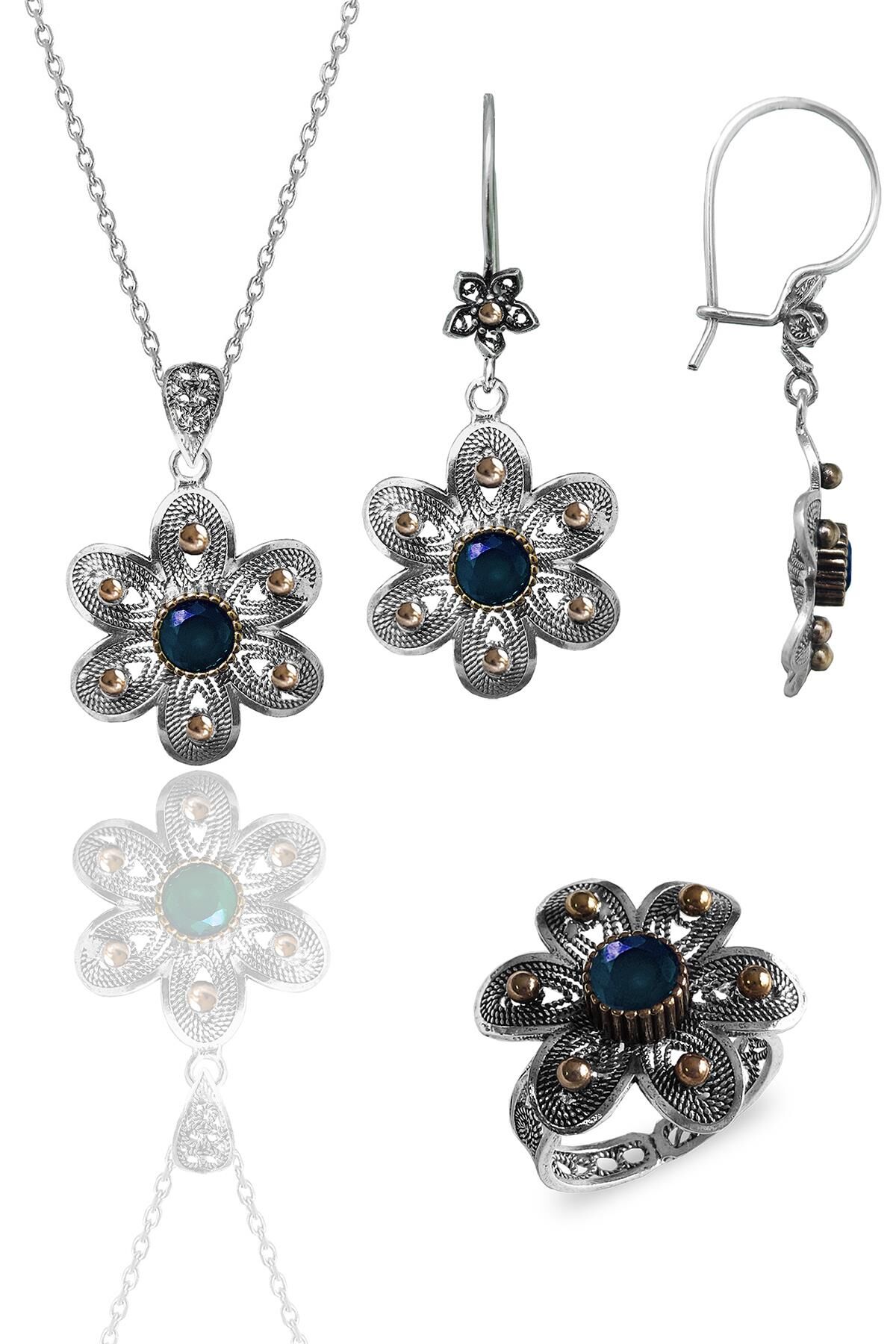 Gümüş safir taşlı papatya modeli telkari işlemeli kolye küpe ve yüzük üçlü set SGTL12125LACIVERT