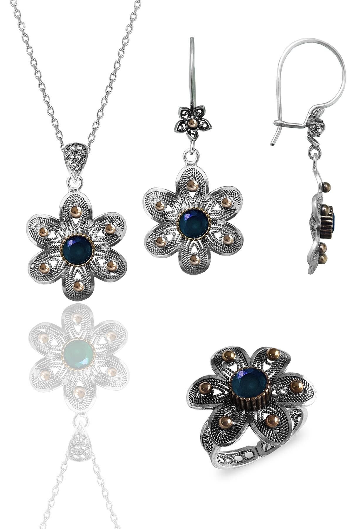 Gümüş safir taşlı papatya modeli telkari işlemeli kolye küpe ve yüzük üçlü set SGTL12125LACIVERT