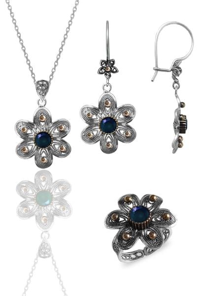 Gümüş safir taşlı papatya modeli telkari işlemeli kolye küpe ve yüzük üçlü set SGTL12125LACIVERT
