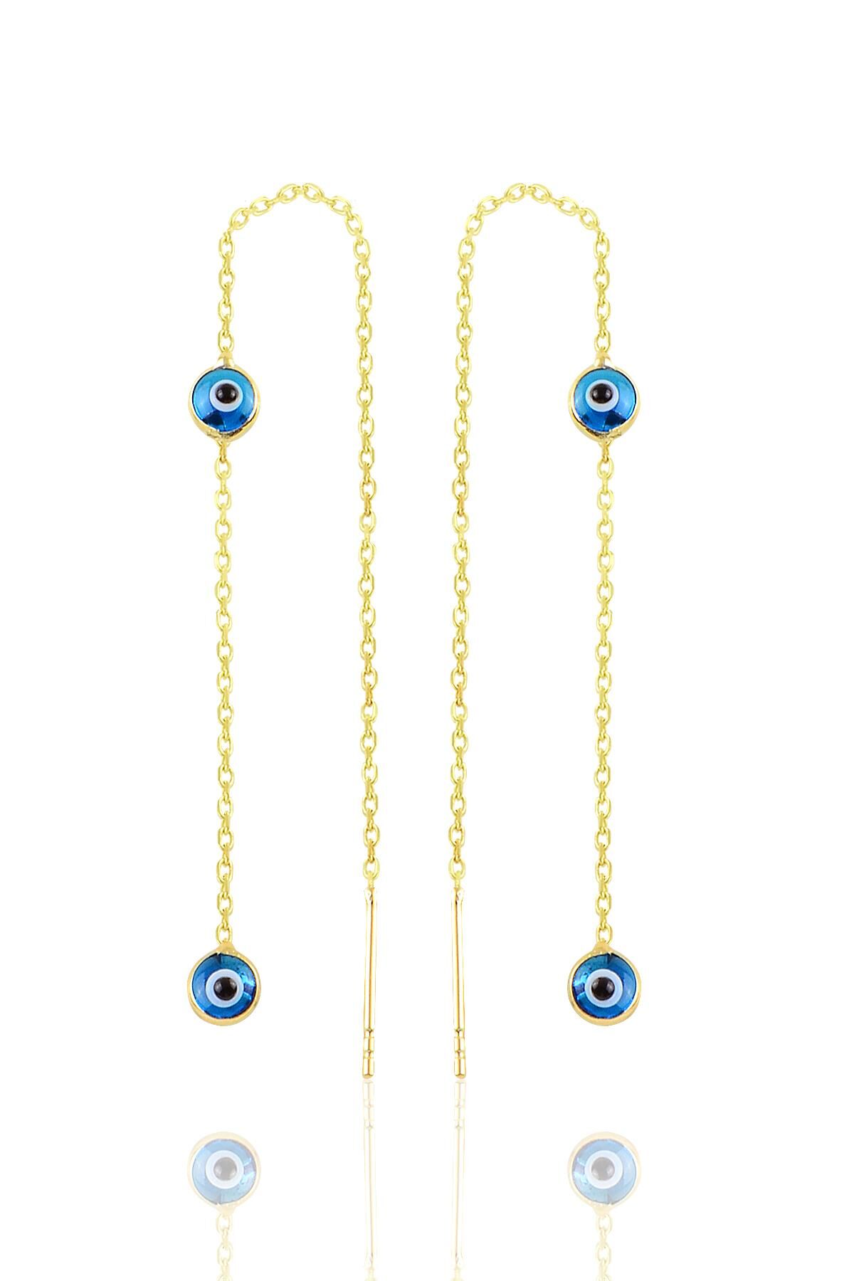 Gümüş altın yaldızlı cam göz çift nazarlı gümüş zincir küpe SGTL10683GOLD