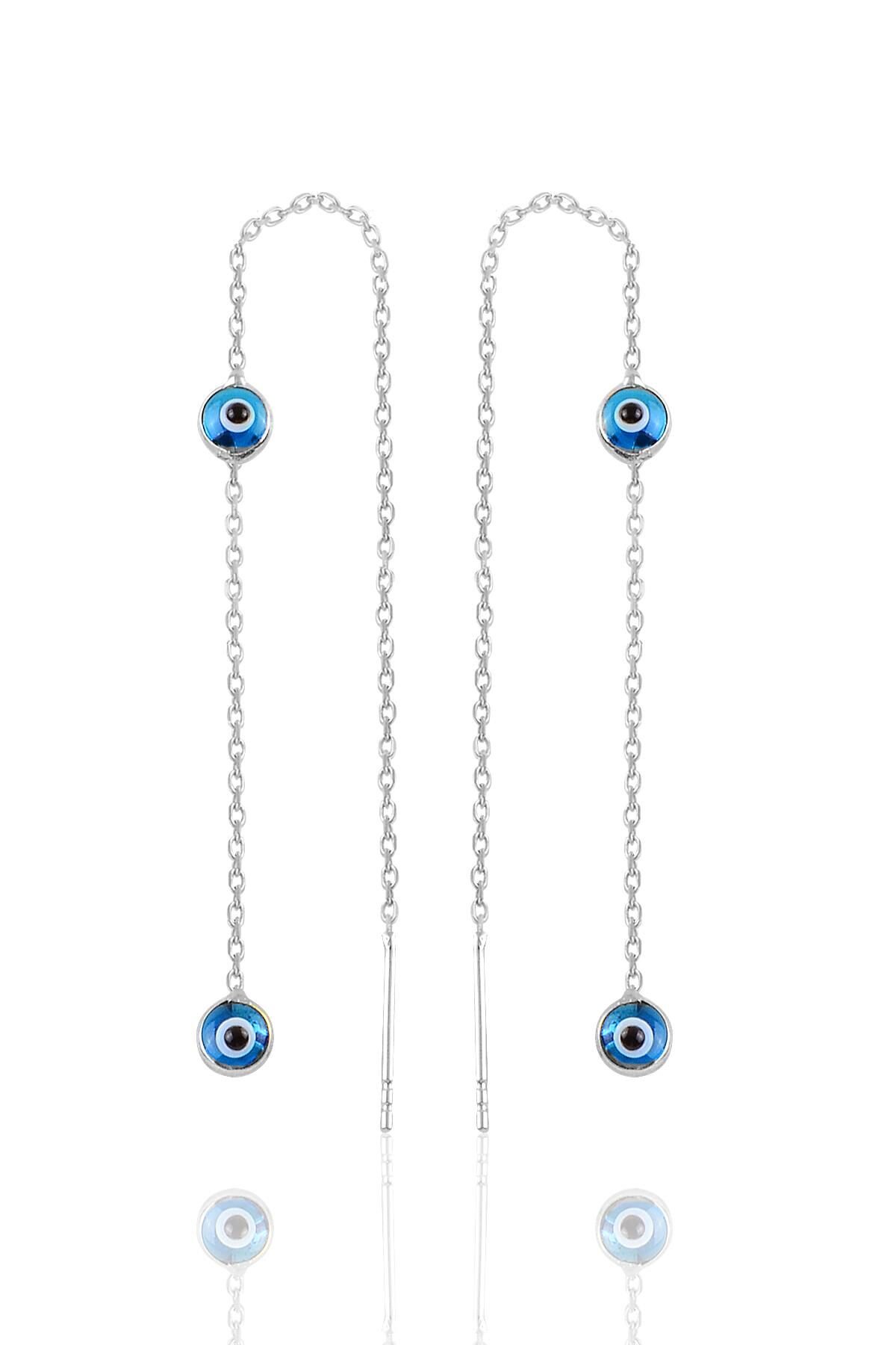 Gümüş rodyumlu cam göz çift nazarlı gümüş zincir küpe SGTL10683RODAJ