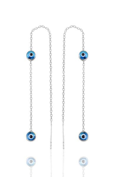 Gümüş rodyumlu cam göz çift nazarlı gümüş zincir küpe SGTL10683RODAJ