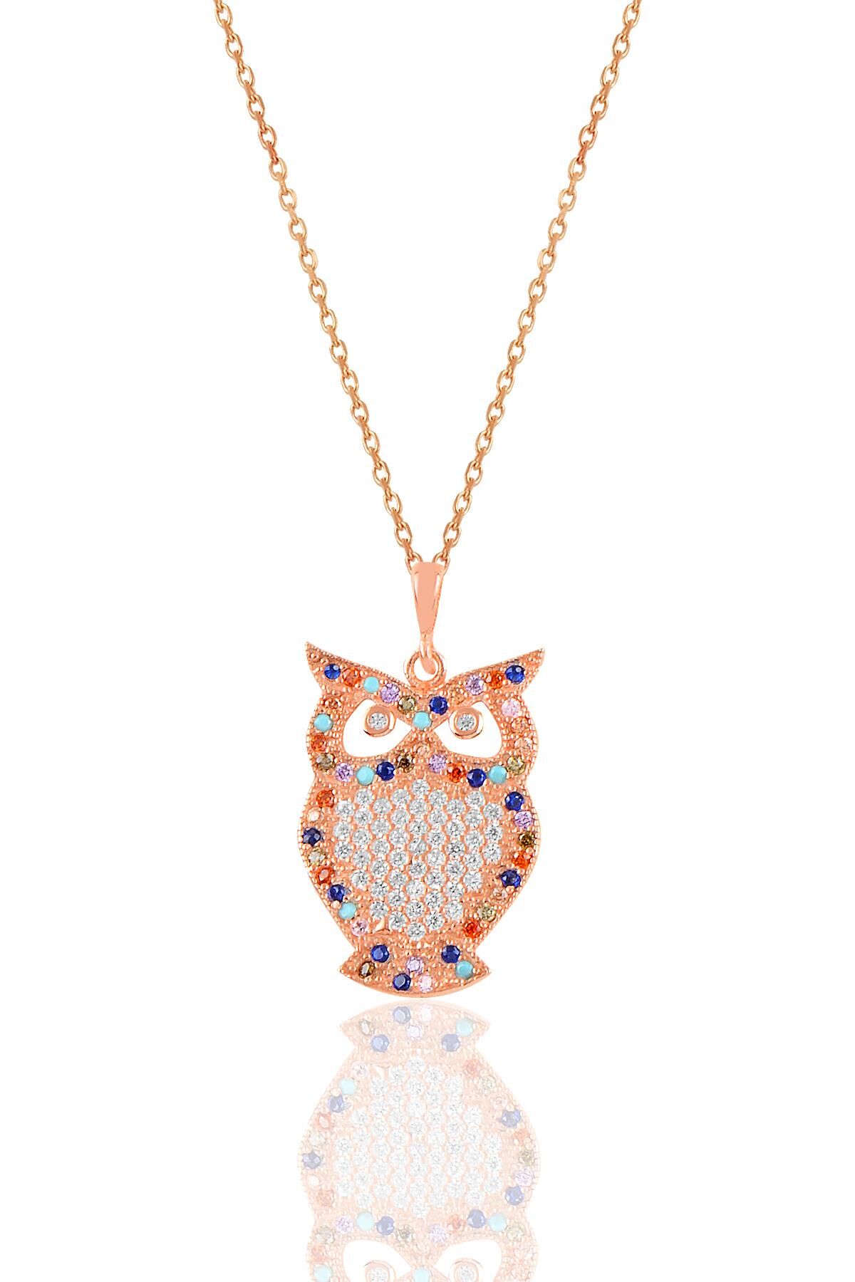 Gümüş rose renkli taşlı baykuş kolye SGTL10919MIX