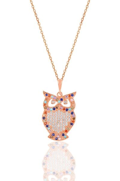 Gümüş rose renkli taşlı baykuş kolye SGTL10919MIX