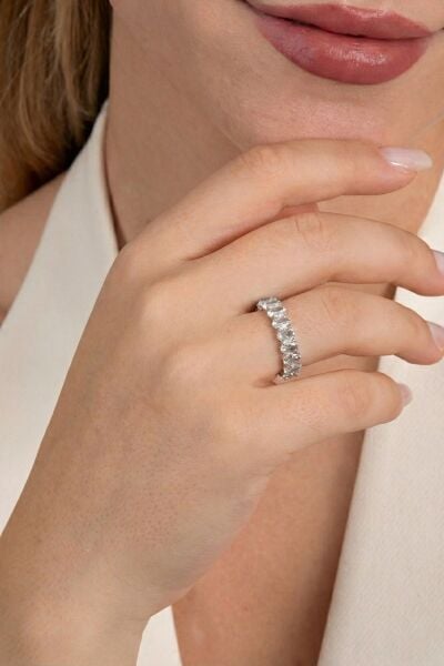 Gümüş rodyumlu oval baget kesim zirkon taşlı tamtur yüzük SGTL12218RODAJ