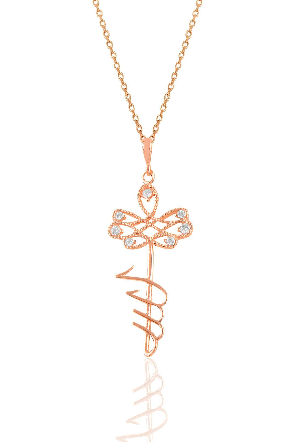 Gümüş rose zirkon taşlı ALLAH lafzı anahtar kolye SGTL10920ROSE
