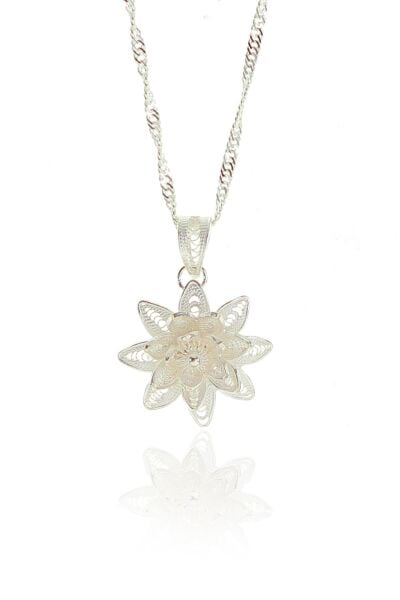 Gümüş telkari çiçek modeli ve singapur zincir kolye SGTL9684