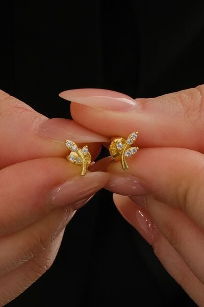 Gümüş altın yaldızlı zirkon taşlı yaprak küpe  SGTL12846GOLD