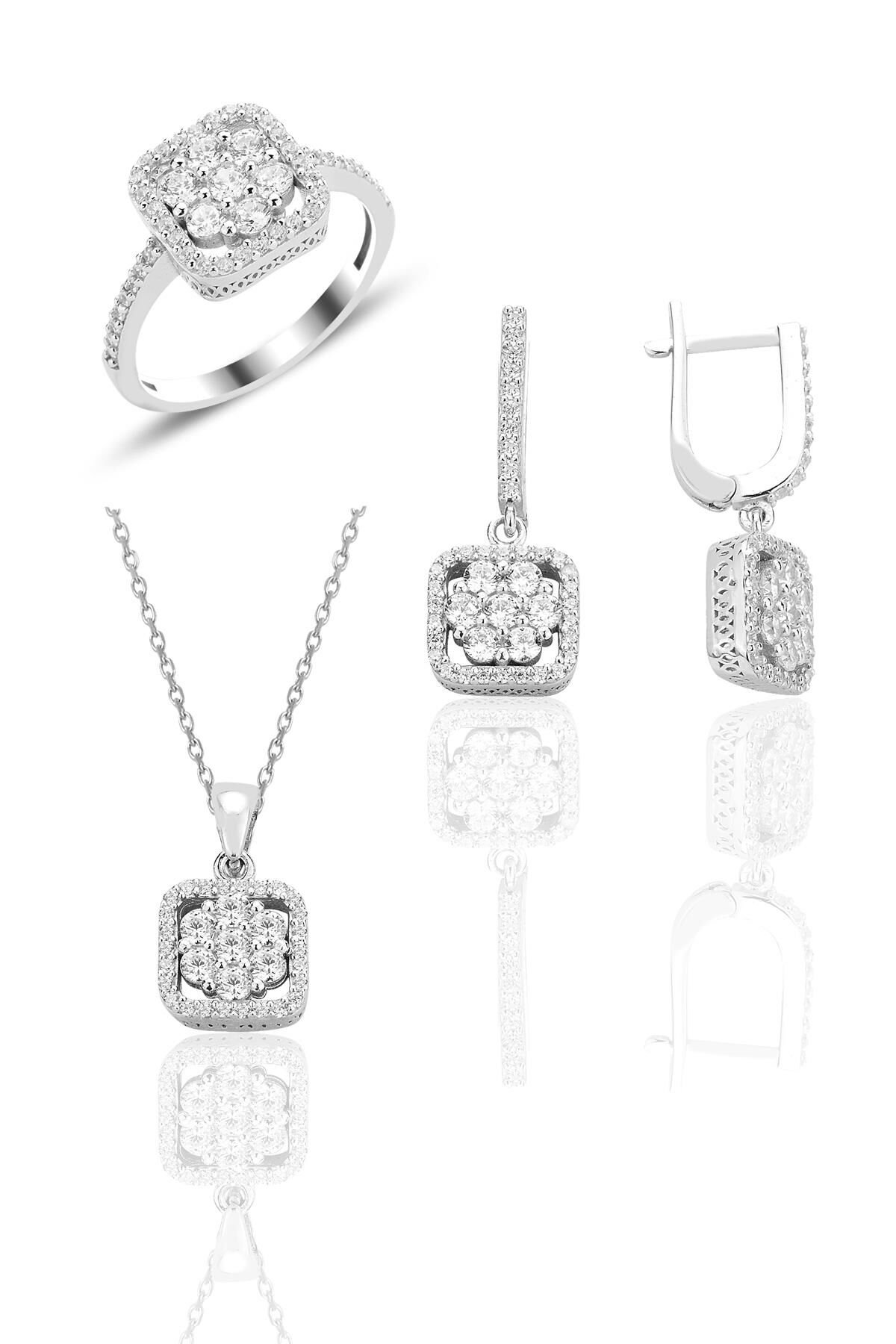 Gümüş rodyumlu zirkon taşlı pırlanta montür tasarım kare üçlü set SGTL12566RODAJ