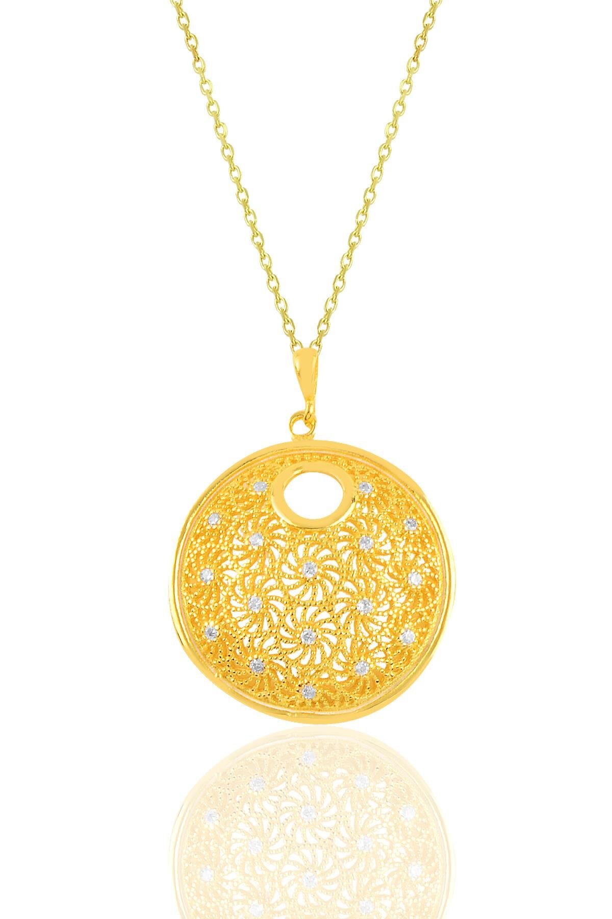 Gümüş altın yaldızlı zirkon taşlı modern telkari görünümlü kolye SGTL10922GOLD
