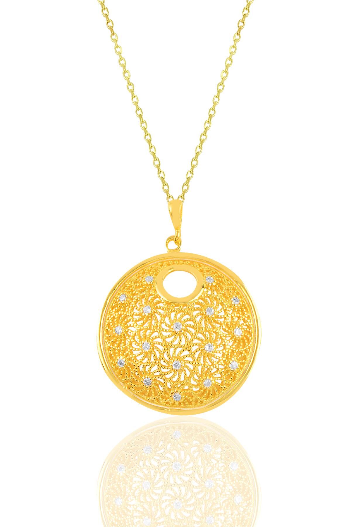 Gümüş altın yaldızlı zirkon taşlı modern telkari görünümlü kolye SGTL10922GOLD