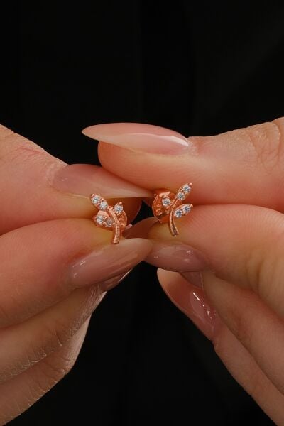 Gümüş rose zirkon taşlı yaprak küpe  SGTL12846ROSE