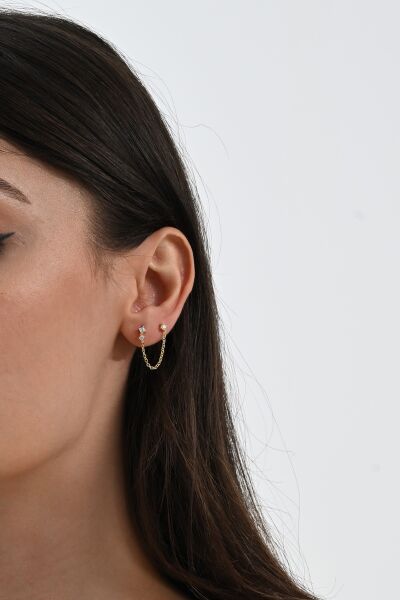 925 ayar gümüş altın yaldızlı zirkon taşlı çift delikli kullanılabilen gümüş zincir küpe SGTL13073GOLD