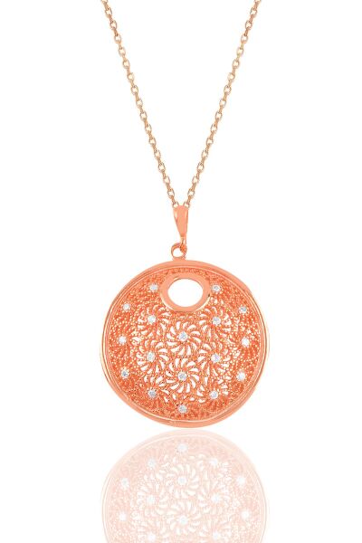 Gümüş rose zirkon taşlı modern telkari görünümlü kolye SGTL10922ROSE