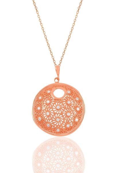Gümüş rose zirkon taşlı modern telkari görünümlü kolye SGTL10922ROSE