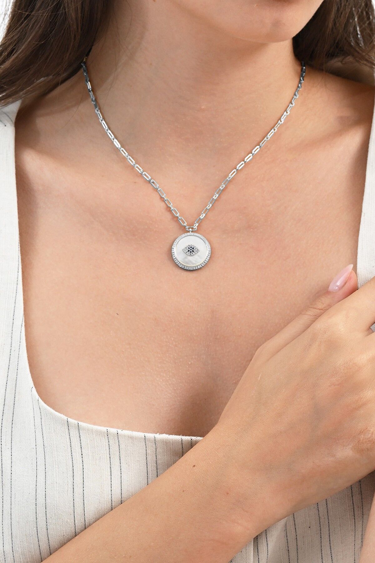 925 Ayar gümüş rodyumlu sedef ve zirkon taşlı koruyucu nazarlı gümüş kolye SGTL13089RODAJ