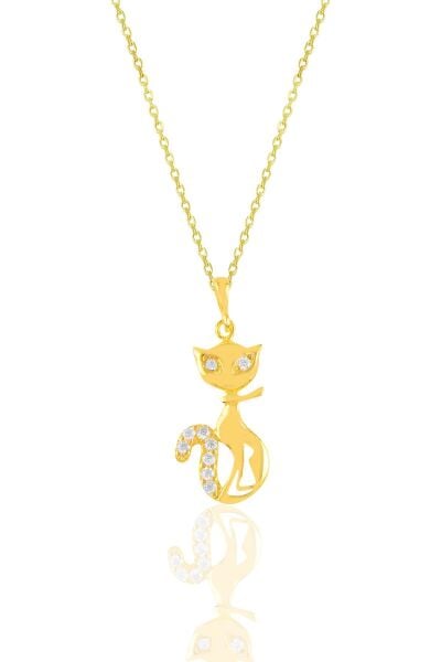 Gümüş altın yaldızlı zirkon taşlı kedi kolye SGTL10924GOLD