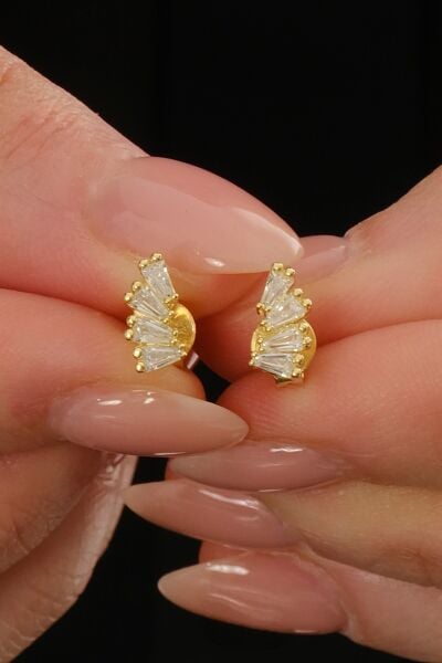 Gümüş altın yaldızlı dörtlü baget kesim zirkon taşlı küpe SGTL12848GOLD