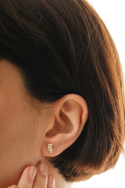 Gümüş altın yaldızlı dörtlü baget kesim zirkon taşlı küpe SGTL12848GOLD