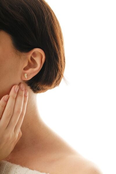 Gümüş altın yaldızlı dörtlü baget kesim zirkon taşlı küpe SGTL12848GOLD