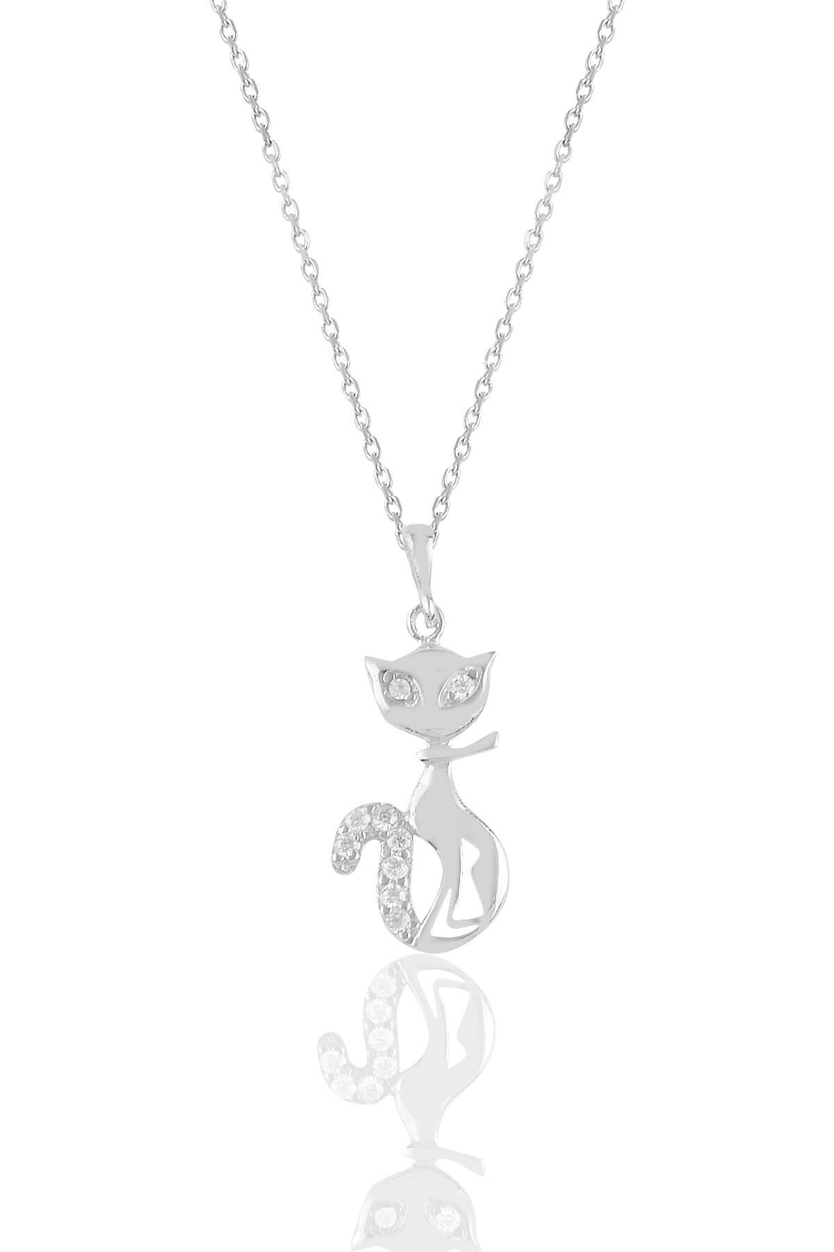 Gümüş rodyumlu zirkon taşlı kedi kolye SGTL10924RODAJ