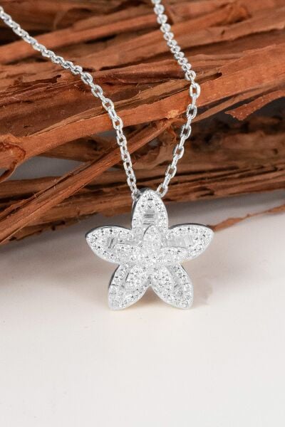 925 Ayar gümüş rodyumlu baget kesim zirkon taşlı sihirli döner başlı lotus çiçeği kolye   SGTL13094RODAJ