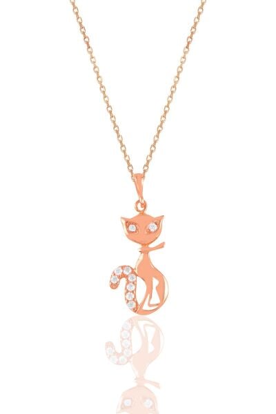 Gümüş rose zirkon taşlı kedi kolye SGTL10924ROSE