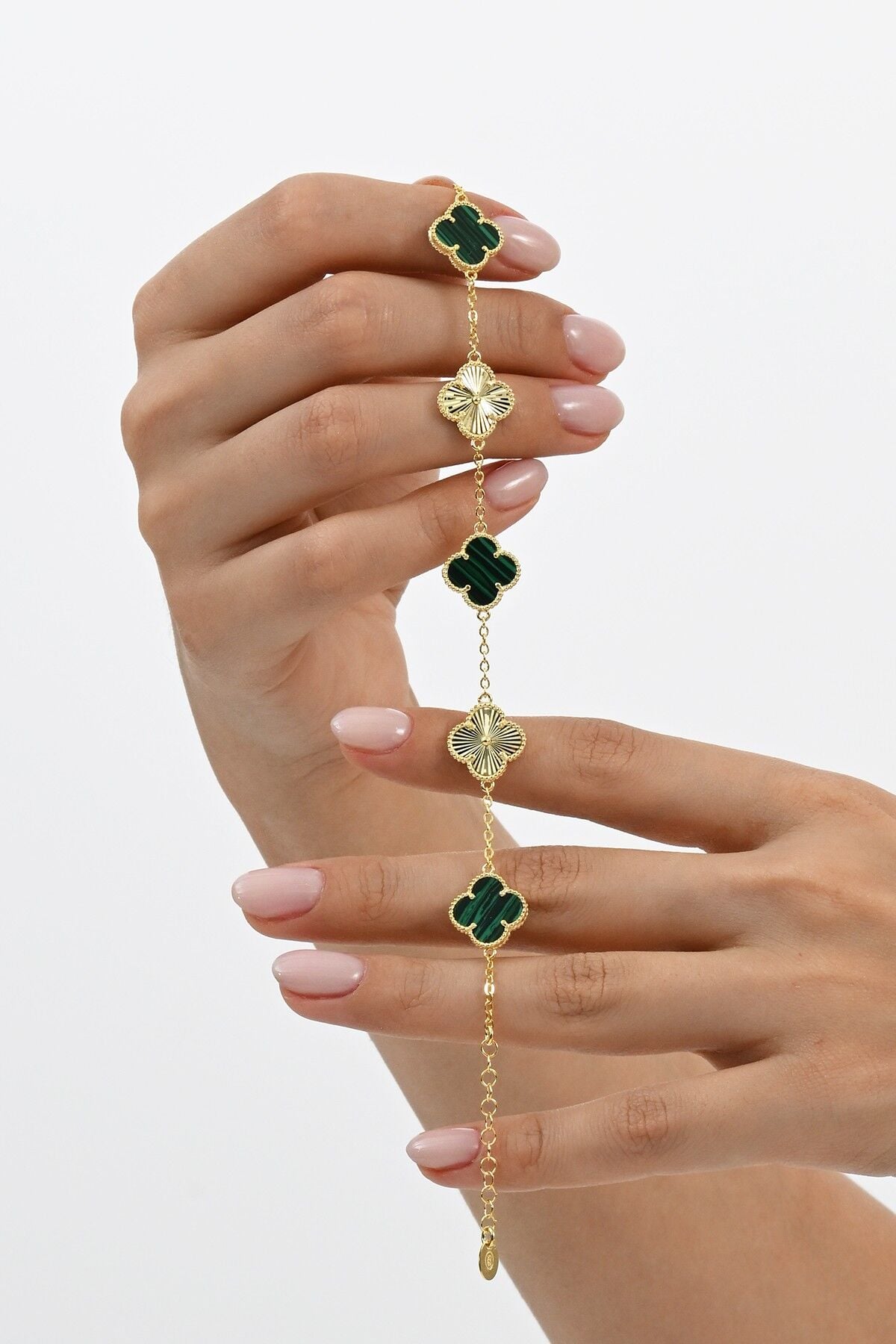 Gümüş altın yaldızlı malakit (malahit) taşlı tasarım yonca bileklik SGTL12560YESIL