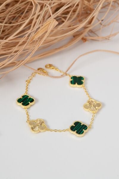 Gümüş altın yaldızlı malakit (malahit) taşlı tasarım yonca bileklik SGTL12560YESIL