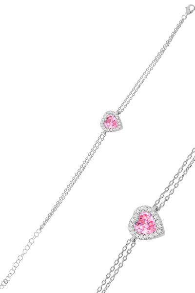 Gümüş rodyumlu pembe taşlı pırlanta montürlü kalp bileklik SGTL11751PEMBE