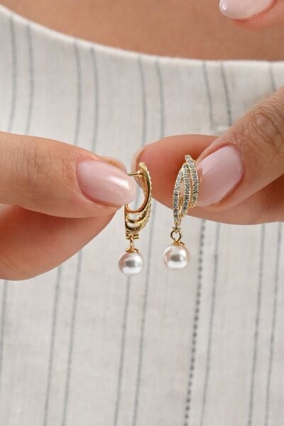 Gümüş altın yaldızlı zirkon taşlı sallantılı inci küpe SGTL13021GOLD