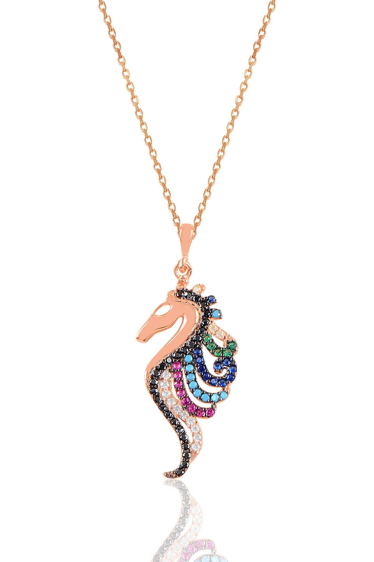 Gümüş rose renkli taşlı deniz atı kolye SGTL10925ROSE