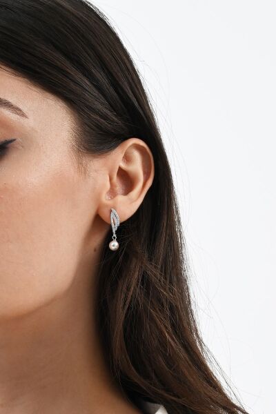 Gümüş rodyumlu zirkon taşlı sallantılı inci küpe SGTL13021RODAJ