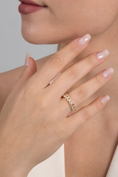 Gümüş altın yaldızlı oval baget kesim zirkon taşlı tamtur yüzük SGTL12218GOLD