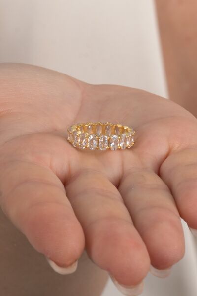 Gümüş altın yaldızlı oval baget kesim zirkon taşlı tamtur yüzük SGTL12218GOLD