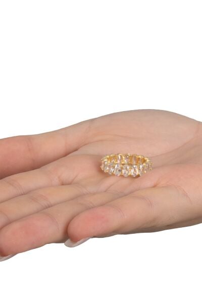 Gümüş altın yaldızlı oval baget kesim zirkon taşlı tamtur yüzük SGTL12218GOLD