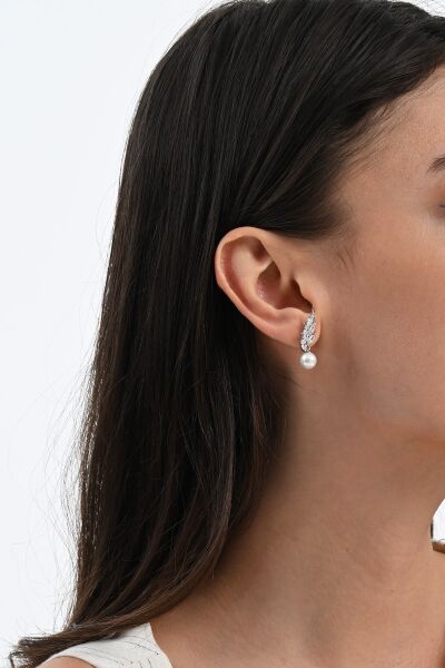 Gümüş rodyumlu (Markiz) kesim zirkon taşlı kanat modeli inci küpe SGTL13022RODAJ