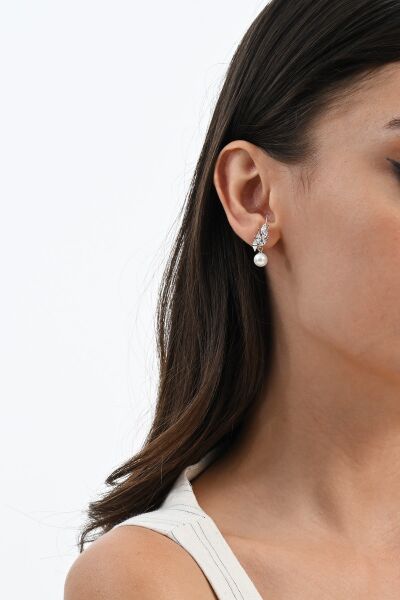 Gümüş rodyumlu (Markiz) kesim zirkon taşlı kanat modeli inci küpe SGTL13022RODAJ