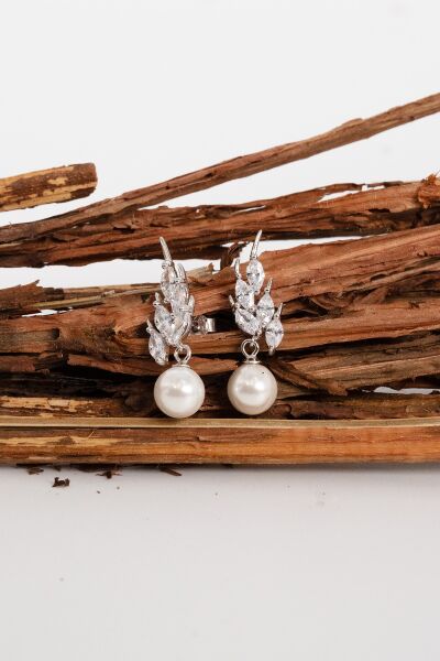 Gümüş rodyumlu (Markiz) kesim zirkon taşlı kanat modeli inci küpe SGTL13022RODAJ