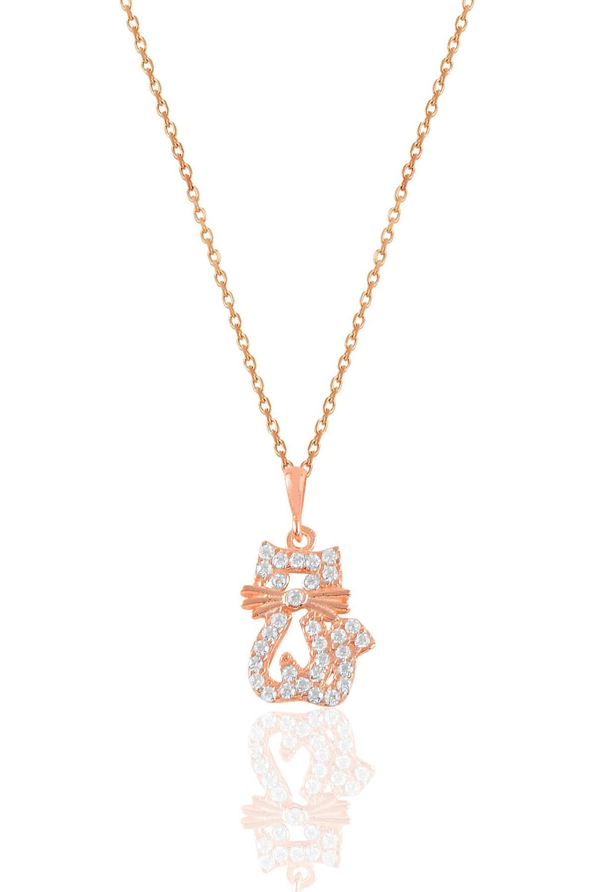 Gümüş rose zirkon taşlı kedi kolye. SGTL10926ROSE