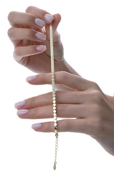 Gümüş altın yaldızlı zirkon taşlı modern görünümlü çiçek zinciri bileklik SGTL12850GOLD